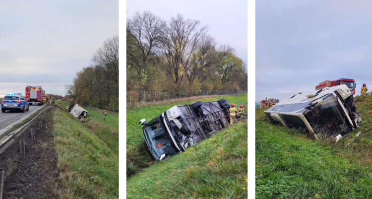 Wypadek na A4 - kierowca autobusu zasnął, pojazd dachował w rowie