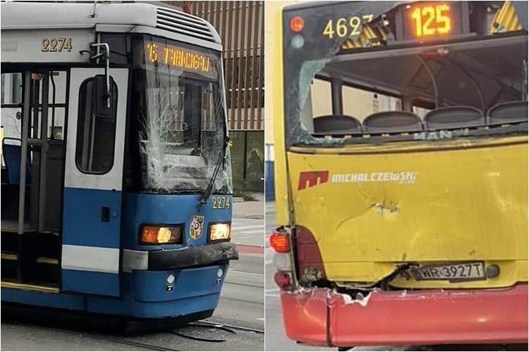 Kłopoty pasażerów MPK Wrocław: Wypadek tramwaju i autobusu miejskiego [ZDJĘCIA]