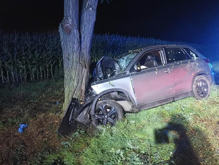 Nocny wypadek pod Wrocławiem. Auto wbiło się w drzewo