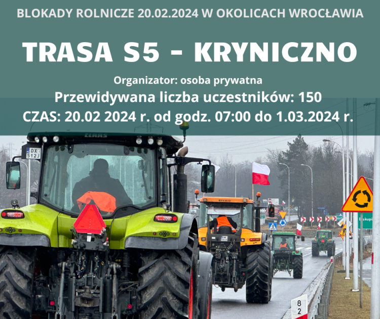Strajk rolników w piątek: Trwa blokada S5 pod Wrocławiem [23.02.2024]
