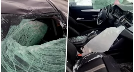 Wielka lodowa bryła przebiła szybę BMW i wpadła do środka. Dwie osoby mogły nawet zginąć 