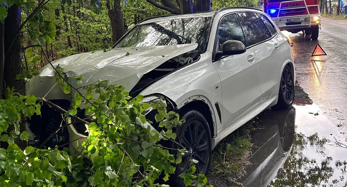 Leoncin. W Michałowie kierowca BMW stracił panowanie nad autem i uderzył w drzewo. 58-latek został ukarany przez policjantów mandatem