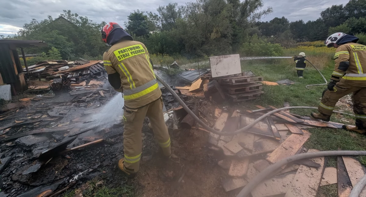 Leoncin. Pożar drewna i namiotu foliowego na posesji w Teofilach. Z ogniem walczyły trzy zastępy straży pożarnej