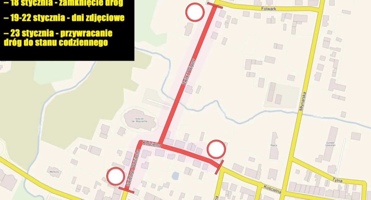 Nasielsk. Od 18 do 23 stycznia czasowa zmiana organizacji ruchu na ulicy: Św. Wojciecha, Kościelnej oraz Żwirki i Wigury
