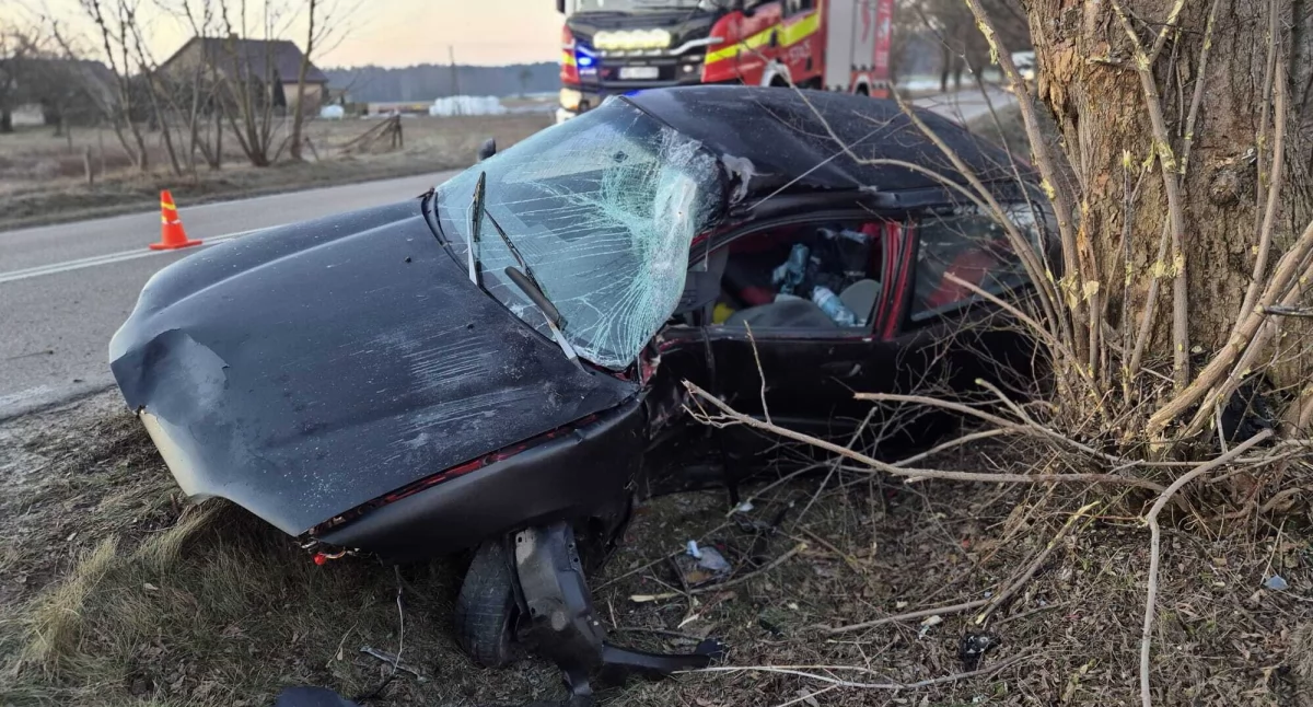 Nasielsk. Kierowca Hondy stracił panowanie nad autem, zjechał z drogi, uderzył w przepust i drzewo. Jedna osoba trafiła do szpitala