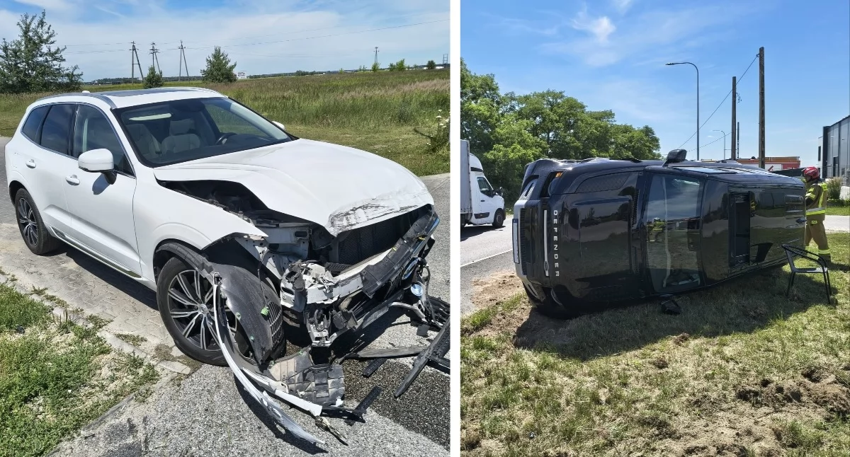 Zakroczym. Zderzenie Volvo i Land Rovera na Doranta. W wyniku tego zdarzenia Land Rover przewrócił się na bok, a jedna osoba trafiła do szpitala