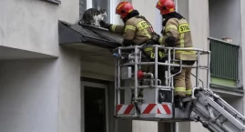 Nowy Dwór Mazowiecki. Kot utknął na wysokości czwartego piętra w bloku przy Pileckiego. Strażacy ruszyli z podnośnikiem na ratunek