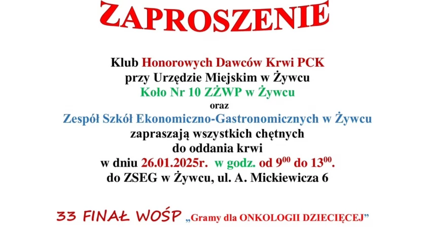 Oddaj krew i uratuj życie! Wielki finał WOŚP! Klub HDK PCK przy Urzędzie Miejskim w Żywcu!!!