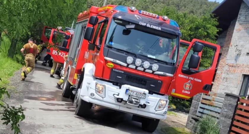 Pożar budynku gospodarczego w Ślemieniu. Na miejscu pięć jednostek straży pożarnej