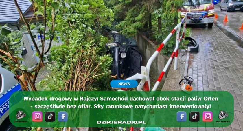  Dachowanie samochodu osobowego przy stacji paliw. Służby interweniowały błyskawicznie
