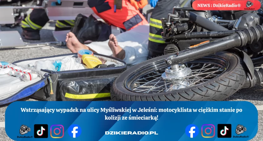 Groźny wypadek w Jeleśni. Motocyklista zderzył się ze śmieciarką – dwie osoby w szpitalu