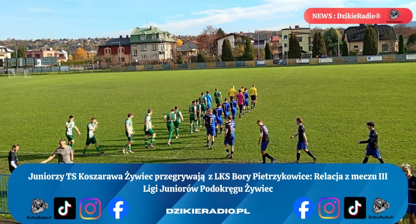 Juniorzy TS Koszarawa Żywiec przegrywają 0:3 z LKS Bory Pietrzykowice w III Lidze Juniorów. 