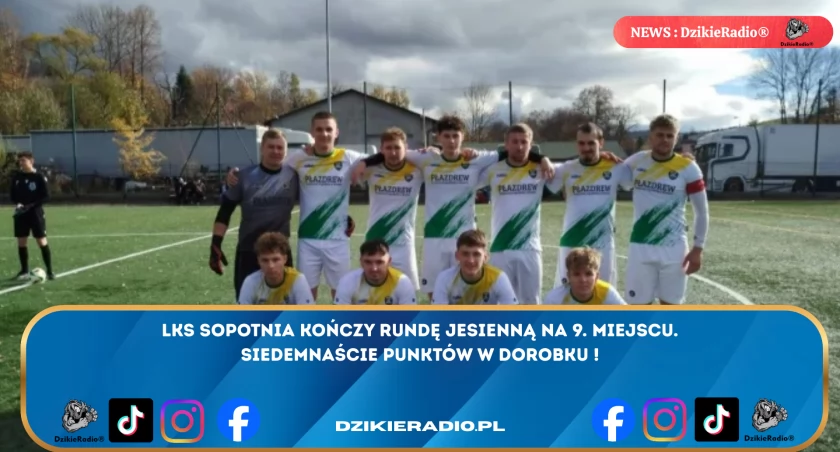 LKS Sopotnia kończy rundę jesienną na 9. miejscu po 17 punktach! Sprawdź rezultaty meczów i dowiedz się więcej o wynikach drużyny. 