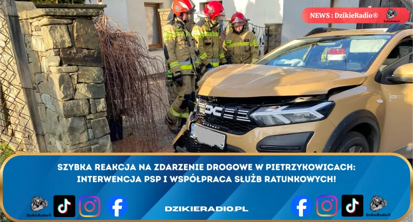Interwencja OSP Pietrzykowice: Samochód uderzył w ogrodzenie - szybka pomoc i bezpieczeństwo zapewnione.