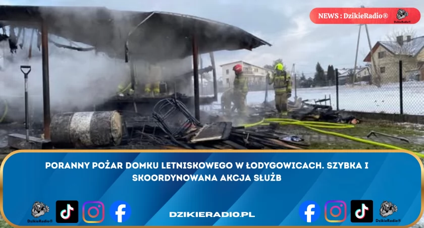 Poranny pożar domku letniskowego w Łodygowicach. Szybka i skoordynowana akcja służb