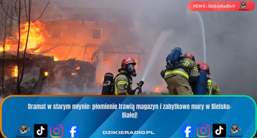 Groźny pożar w opuszczonym młynie w Bielsku-Białej: walka strażaków trwała 4 godziny