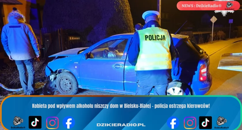 Nocna kolizja w Bielsku-Białej: kobieta z blisko trzema promilami uderzyła w dom