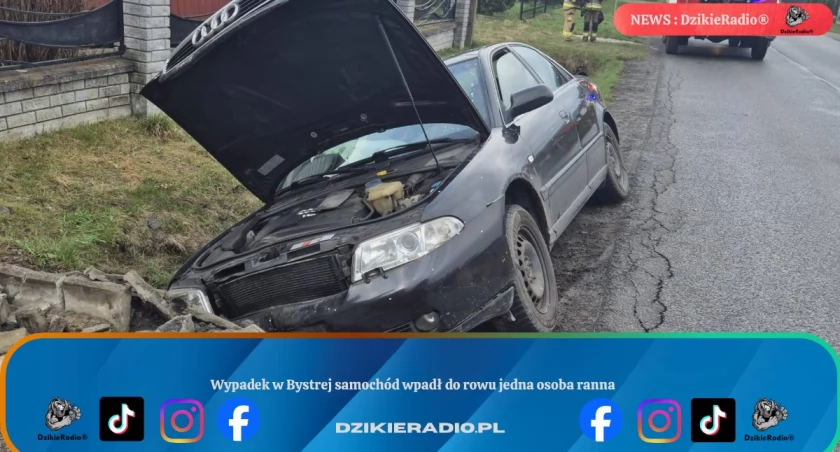 Wypadek w Bystrej samochód wpadł do rowu jedna osoba ranna