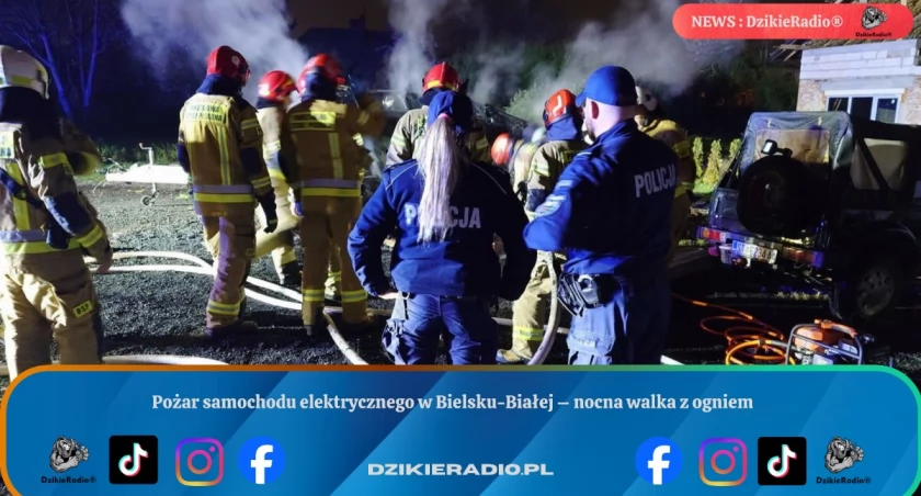 Pożar samochodu elektrycznego w Bielsku-Białej – nocna walka z ogniem