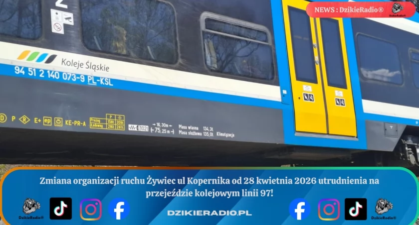 Zmiana organizacji ruchu na przejeździe przy ul Kopernika w Żywcu od 28 kwietnia 2026.