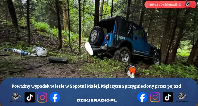 Poważny wypadek w lesie w Sopotni Małej. Mężczyzna przygnieciony przez pojazd