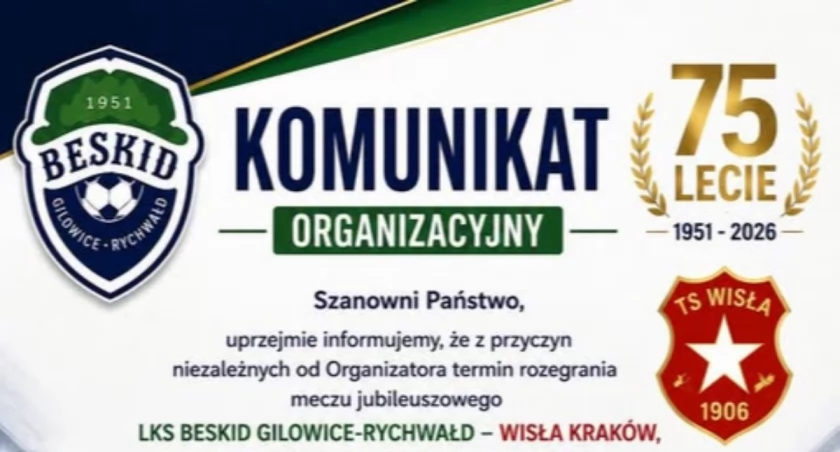 Jubileuszowa rywalizacja LKS Beskid z Wisłą Kraków w nowym terminie