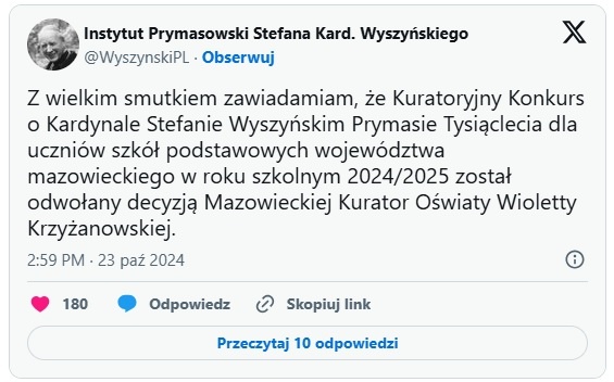 Mazowiecka kurator oświaty odwołuje konkurs o kardynale Wyszyńskim i wspiera 
