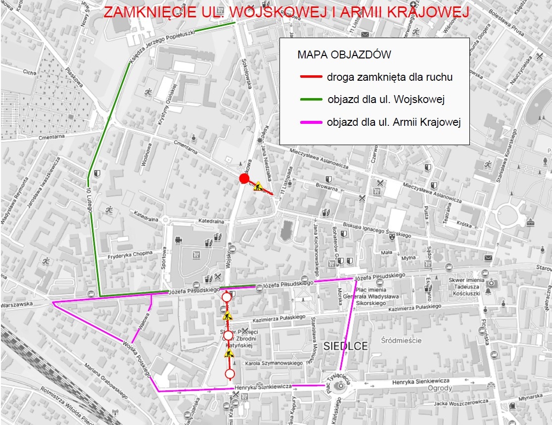 Zamknięcie ulicy Armii Krajowej w Siedlcach. Główne skrzyżowanie będzie przejezdne!