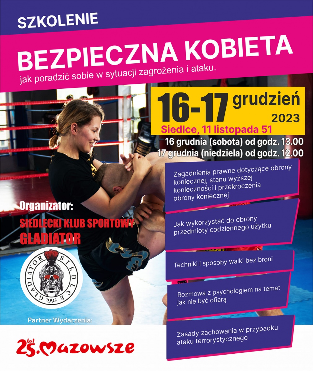 Gladiator Siedlce zaprasza na szkolenie - Bezpieczna Kobieta