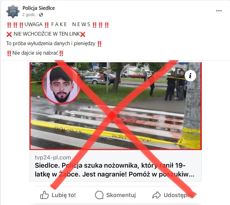 Policja ostrzega przed fałszywym artykułem o ataku nożownika w Siedlcach