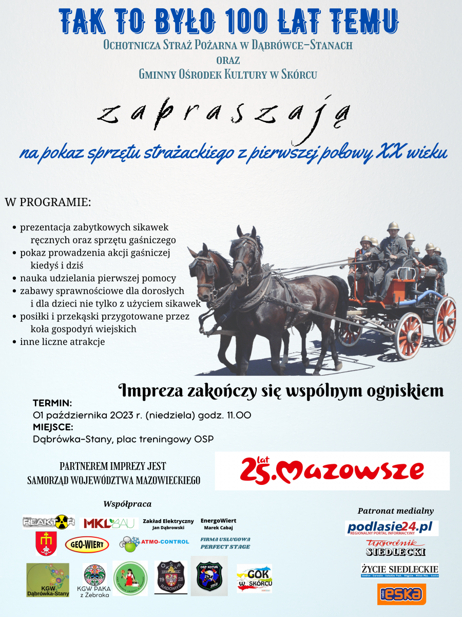 1 października w Dąbrówce Stany - pokaz sprzętu strażackiego „Tak było 100 lat temu”