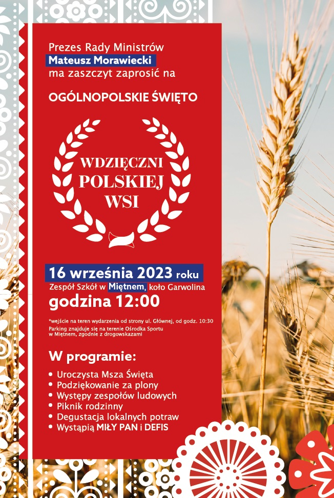 Mateusz Morawiecki zaprasza na Ogólnopolskie Święto Wdzięczni Polskiej Wsi w Miętnem