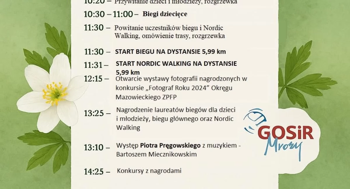 Mrozy: Wiosenna trasa biegu, pełna kwitnących zawilców.