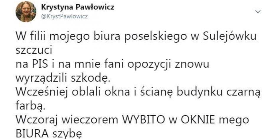 Biuro poselskie Krystyny Pawłowicz celem ataku? Policja dementuje!