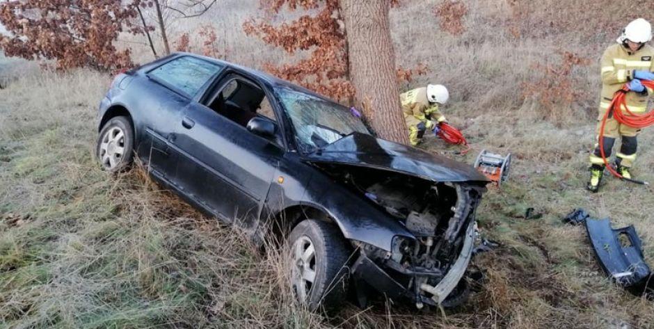 Audi uderzyło w drzewo. 3 osoby przewiezione do szpitala