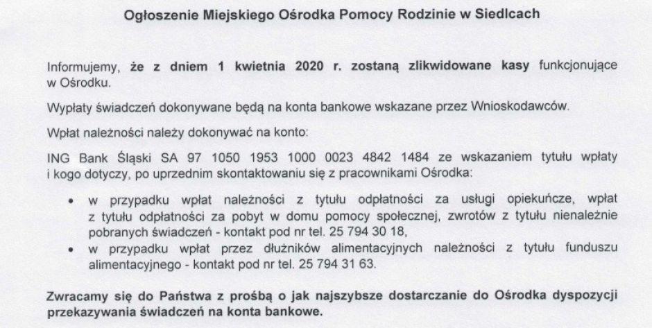 Ogłoszenie Miejskiego Ośrodka Pomocy Rodzinie w Siedlcach