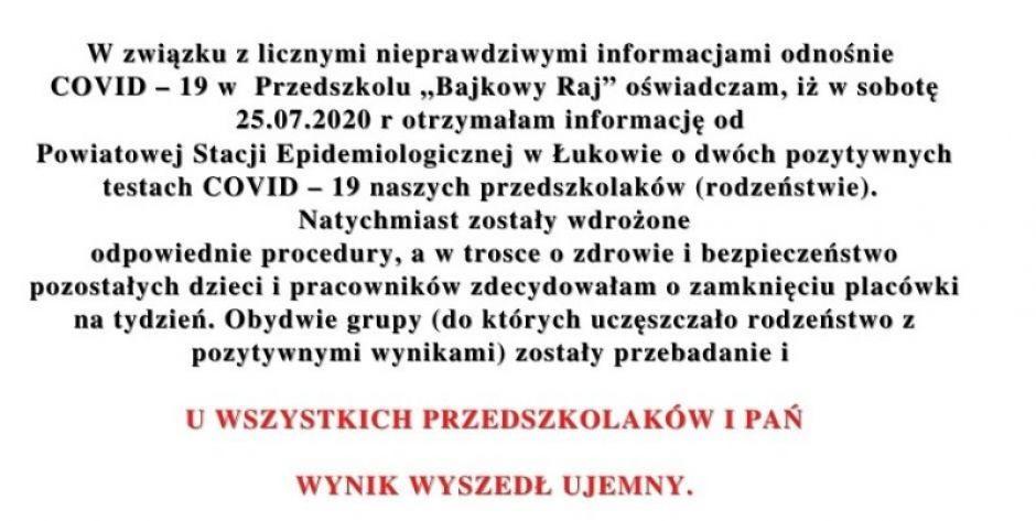 Koronawirus w przedszkolu w Łukowie - Placówka wydała oświadczenie