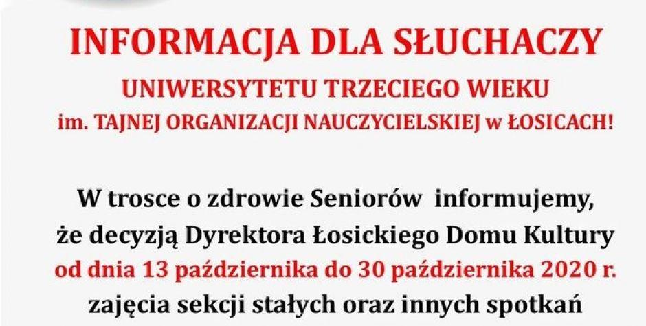 Zawieszone zajęcia dla słuchaczy Uniwersytetu Trzeciego Wieku w Łosicach