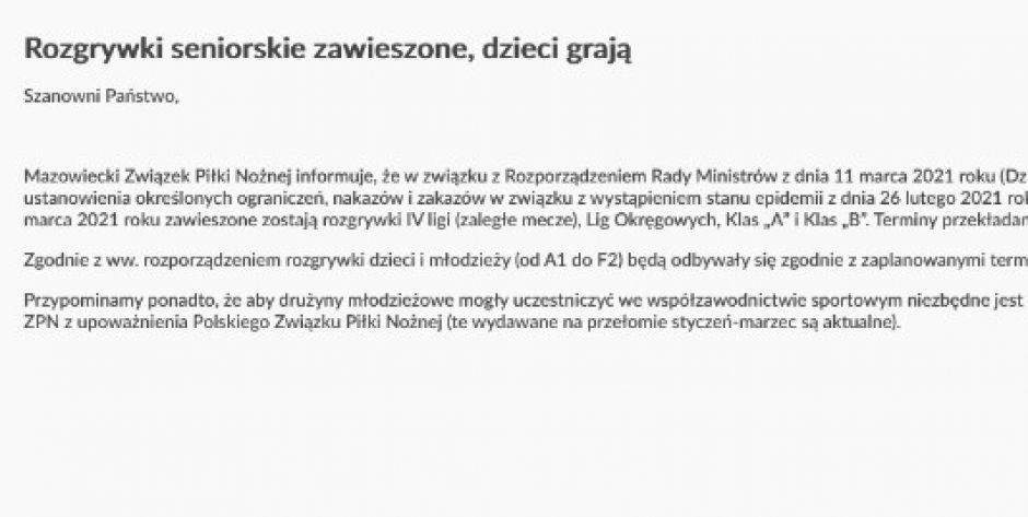 Zawieszone rozgrywki piłkarskie na Mazowszu