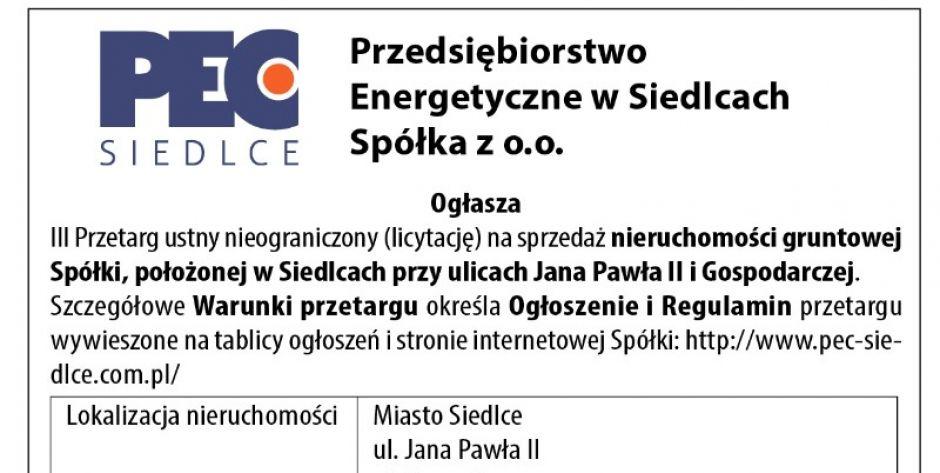 PEC ogłasza przetarg na sprzedaż działki przy ul. Jana Pawła II-Gospodarczej!