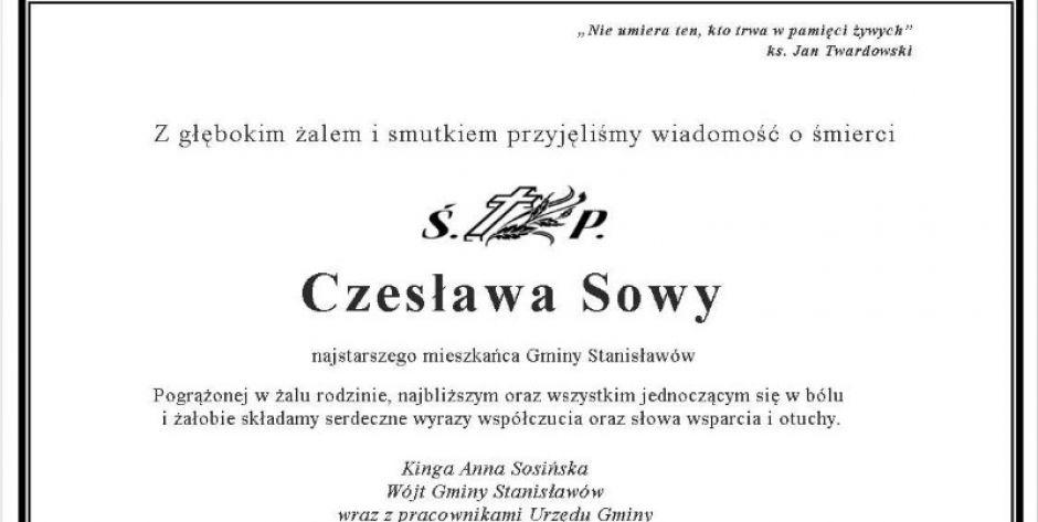 Zmarł Czesław Sowa - najstarszy mieszkaniec gminy Stanisławów