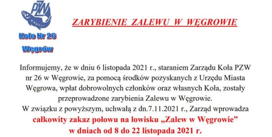 Zarybianie zalewu w Węgrowie - obowiązuje zakaz połowu 