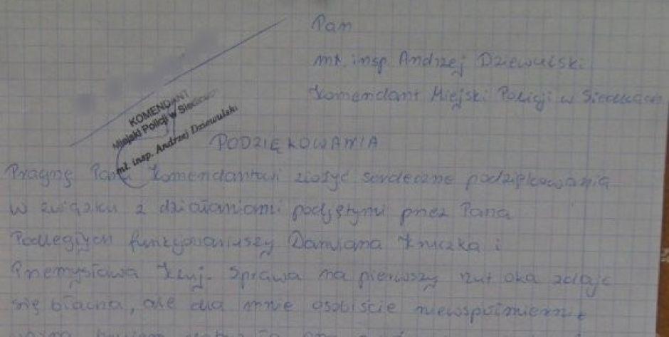 Wysłał list z podziękowaniami, zaproponował tez policjantom „znaleźne”