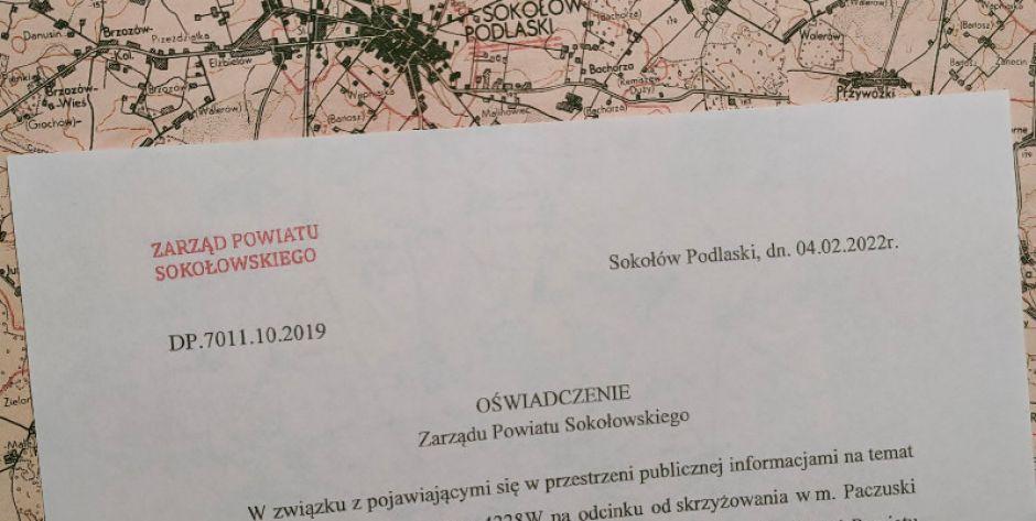 Zarząd powiatu sokołowskiego o drodze do Paczusk