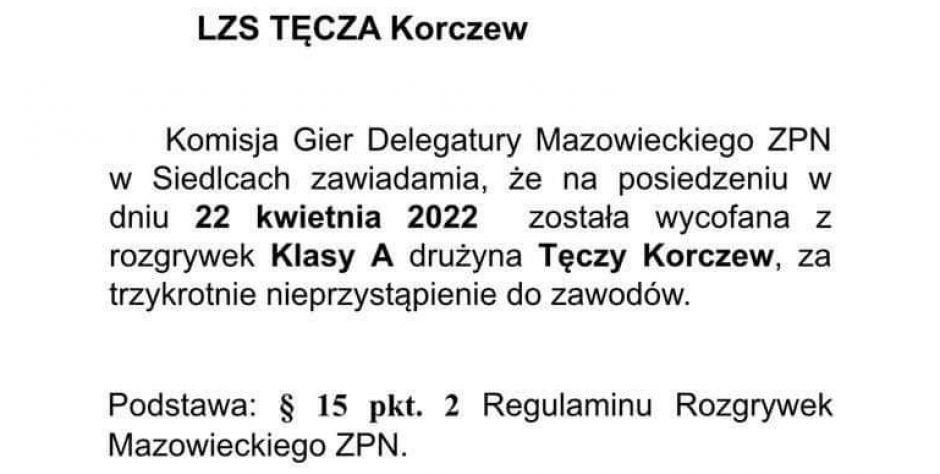 LZS Tęcza Korczew wycofana z rozgrywek A Klasy