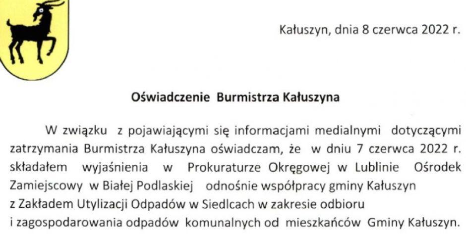 Oświadczenie burmistrza Kałuszyna w związku z akcją CBA
