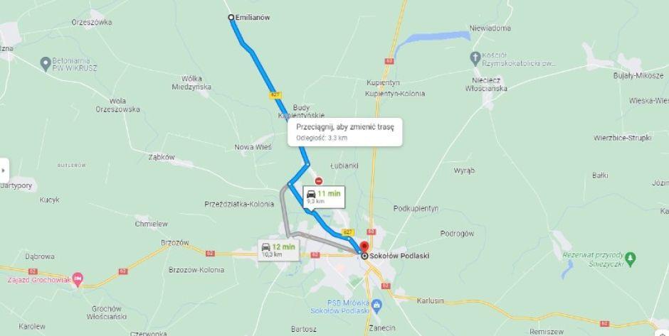 Wahadłowo na drodze nr 627 między Sokołowem a Emilianowem