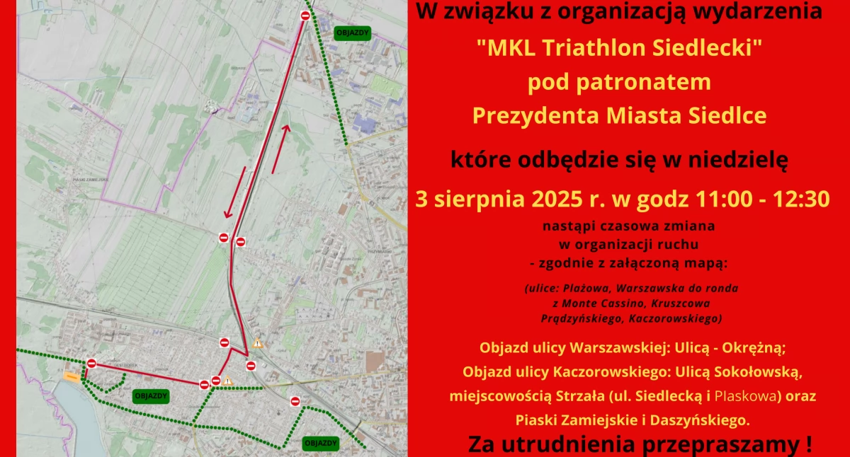 Utrudnienia w ruchu związane z organizacją MKL Triathlonu Siedleckiego