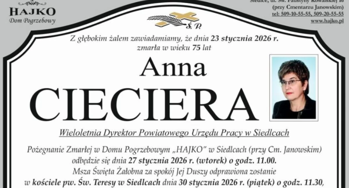 Zmarła Anna Cieciera, wieloletnia dyrektor Powiatowego Urzędu Pracy w Siedlcach 