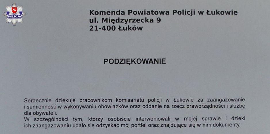 Policjanci pomogli odzyskać portfel. Otrzymali list z podziękowaniami